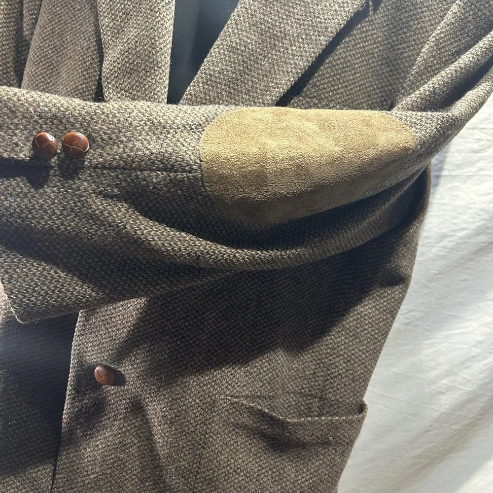 Vintage Stafford Mens 44S Lambswool Tweed Blazer Brown Elbow Patches Made in USA
